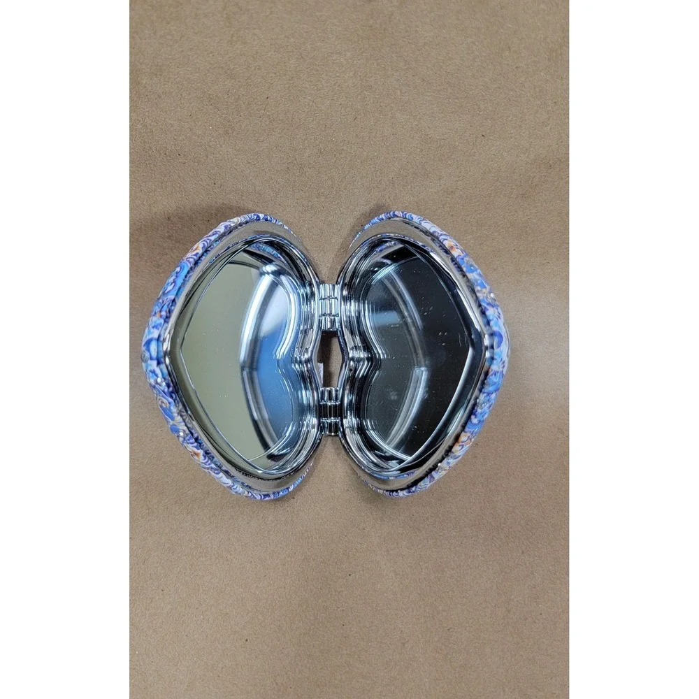 Portugal Souvenir Heart Compact Mirror Azulejo Tile Design Rhinestone Accents